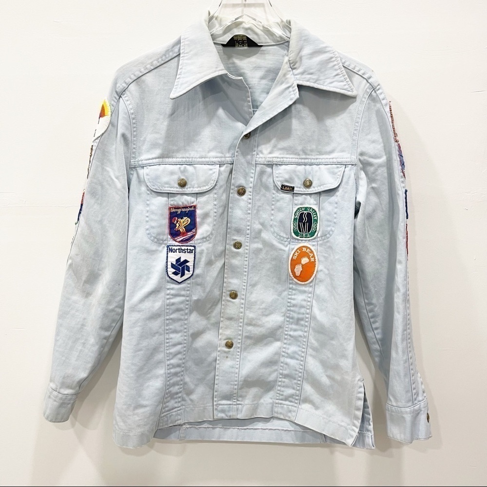 Vintage Lee Patchwork Denim Chambray Snap Button Shirt Distressed Medium Shacket